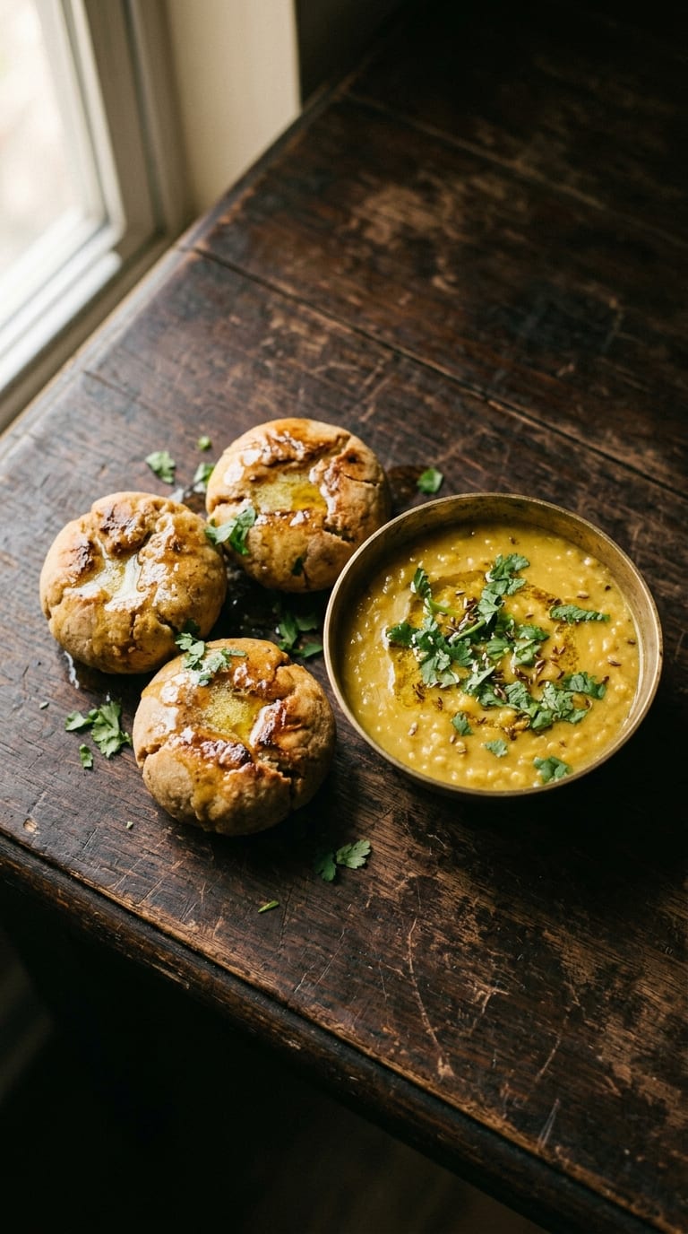 Three baked wheat bati beside a brass bowl of yellow daal, ghee poured over.