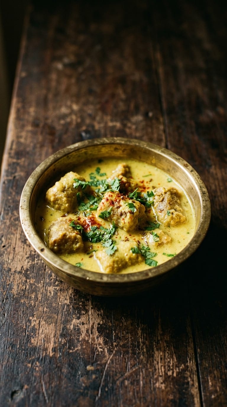 Chickpea flour dumplings in a pale yellow yogurt gravy in a brass bowl.