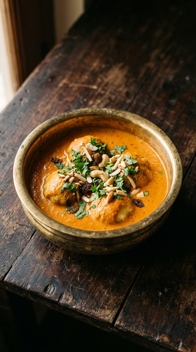 Malai kofta in a smooth creamy orange gravy, scattered with nuts and raisins.