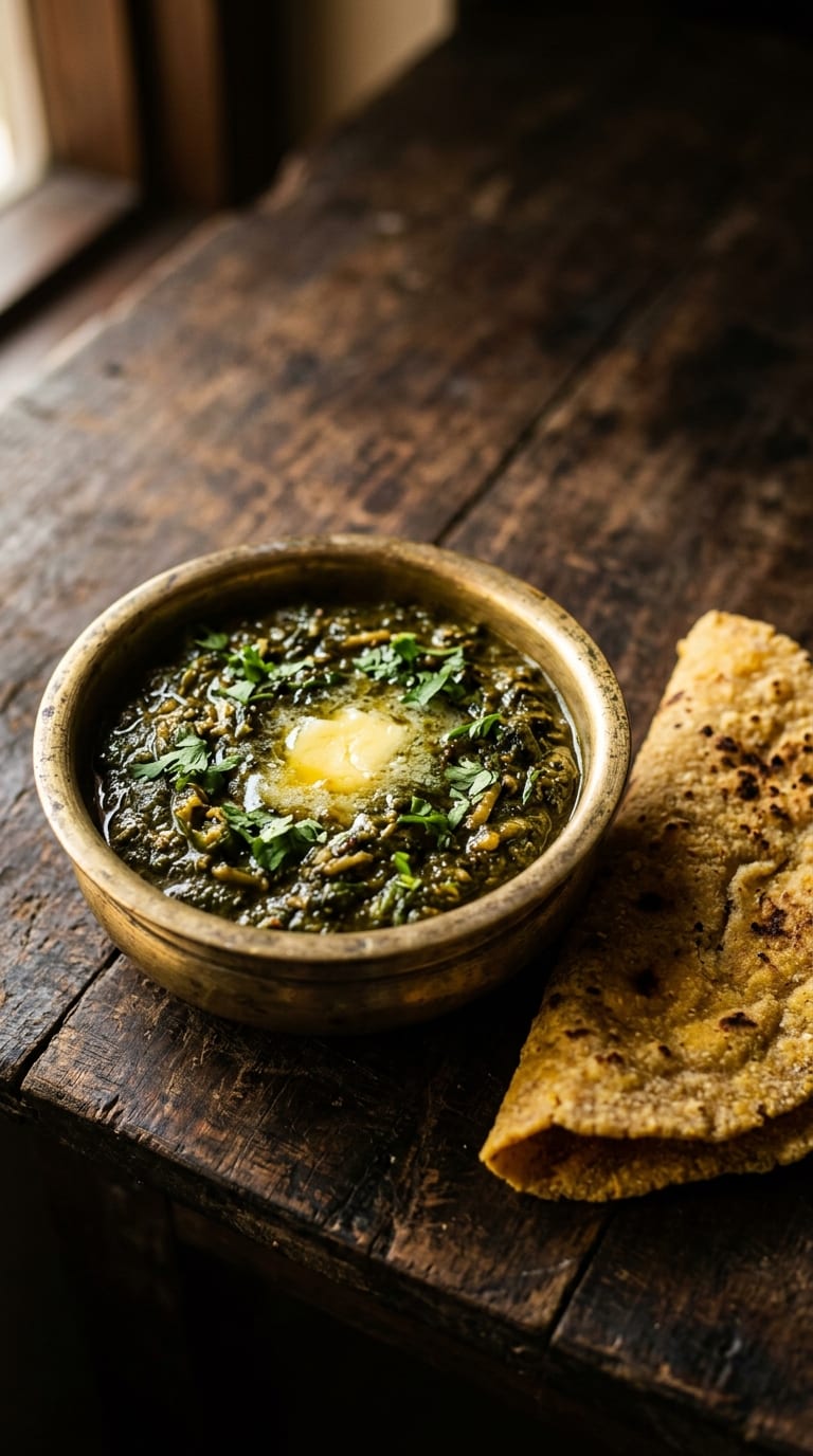 Dark green mustard saag with a pat of butter beside a folded makki roti.