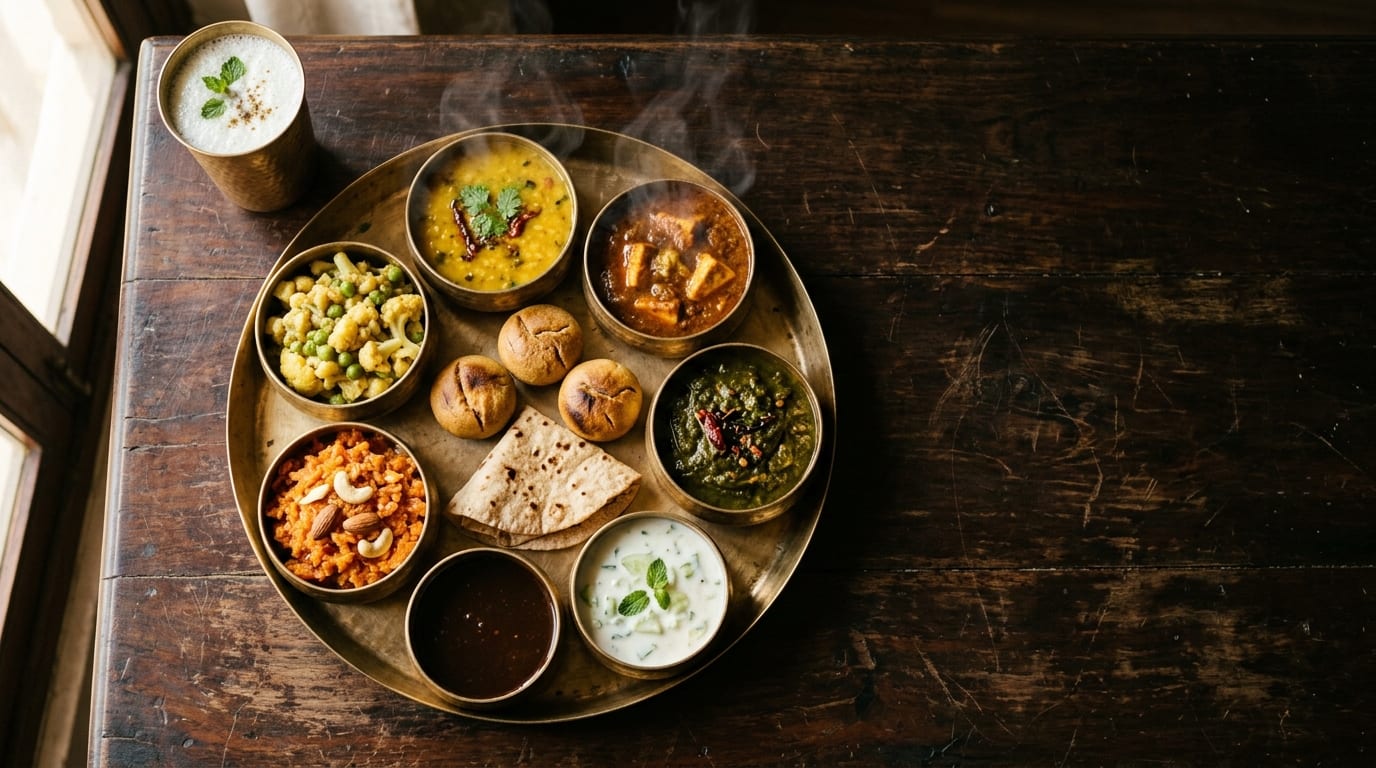 An overhead brass thali on dark wood — bowls of daal, saag, curry and raita around baked bati and a folded roti, steam rising.