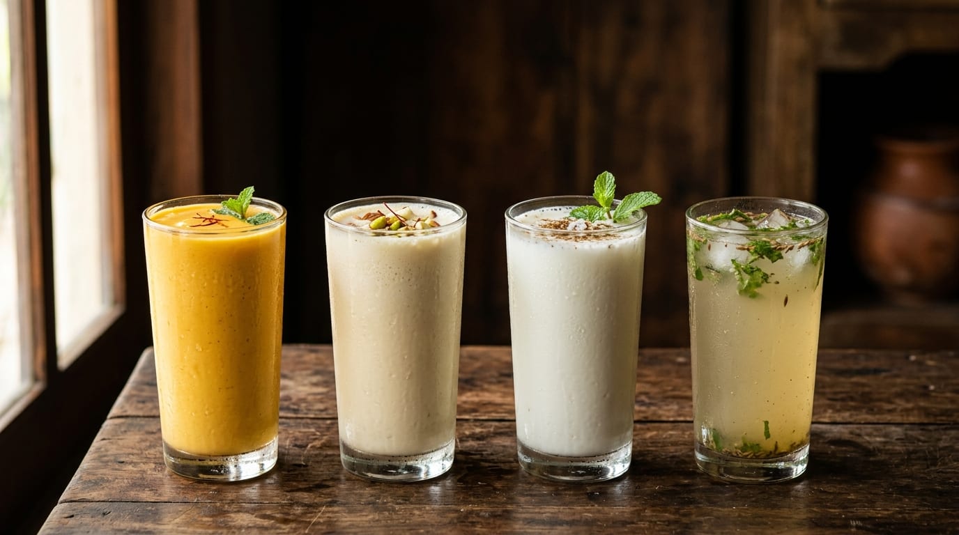 Four tall glasses on wood — golden mango lassi, sweet lassi with nuts, salted lassi, and pale jal zeera with mint.