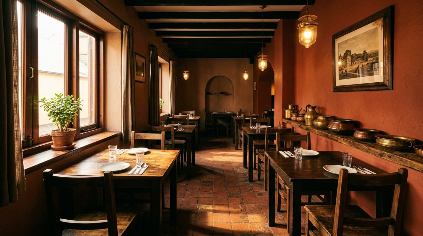 The dining room in warm afternoon light — wooden tables and chairs, terracotta walls, brass vessels on a shelf.
